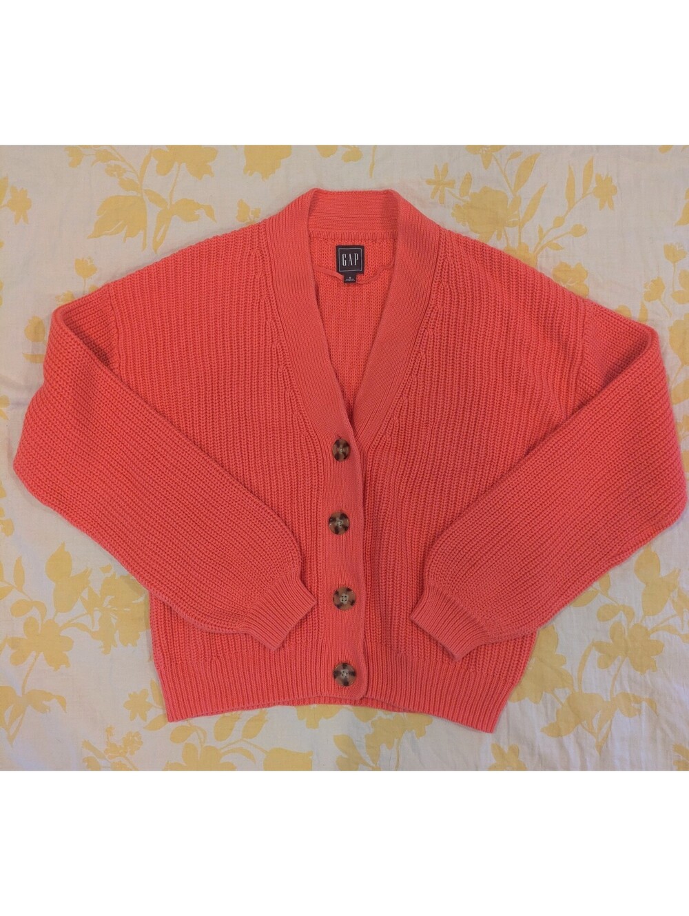 Watermelon Pink Gap Cardigan with Tortoise Shell Style Buttons, V Neck